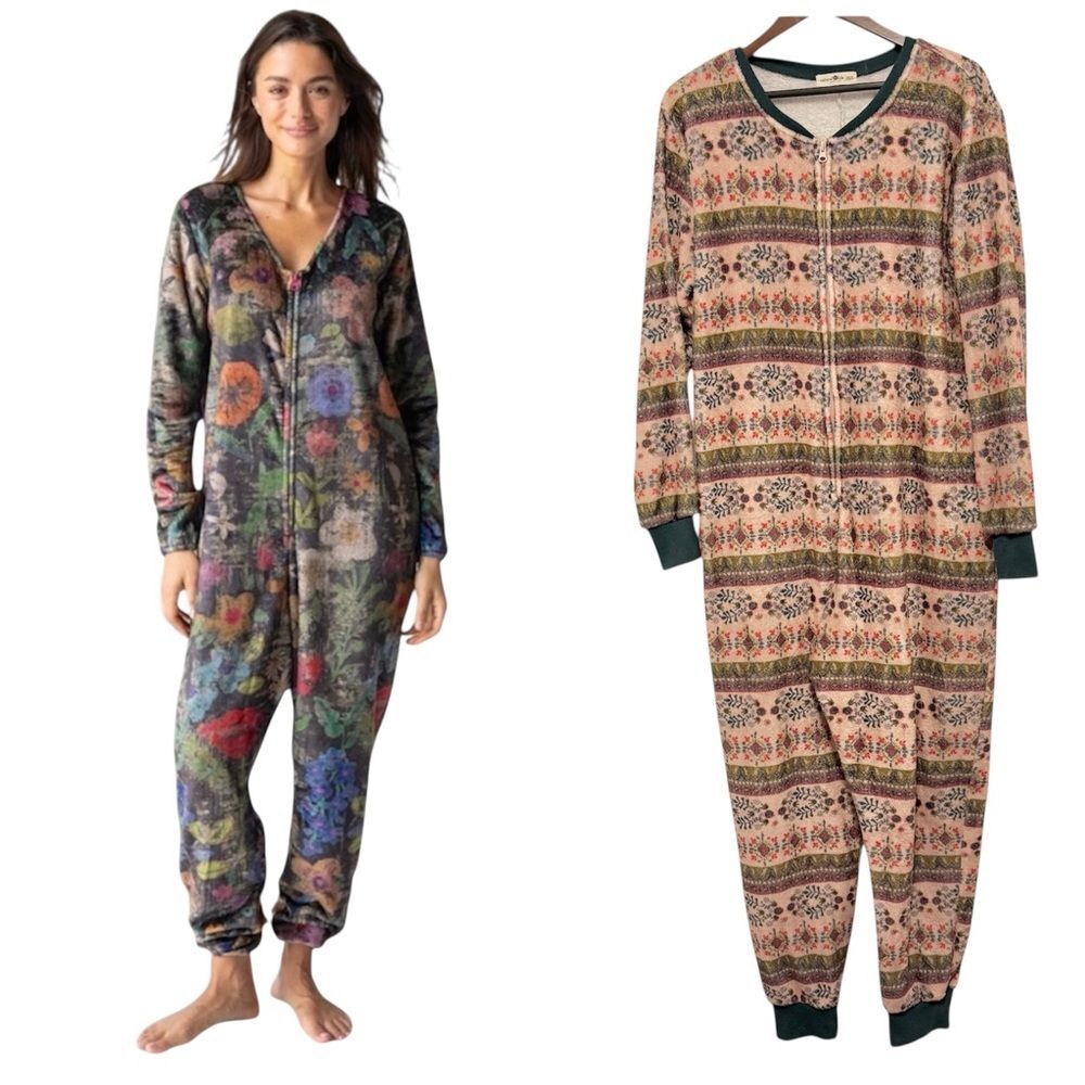 Natural Life One Piece Fleece Blanket Jumpsuit Pajamas Fair Isle Floral XS/ S